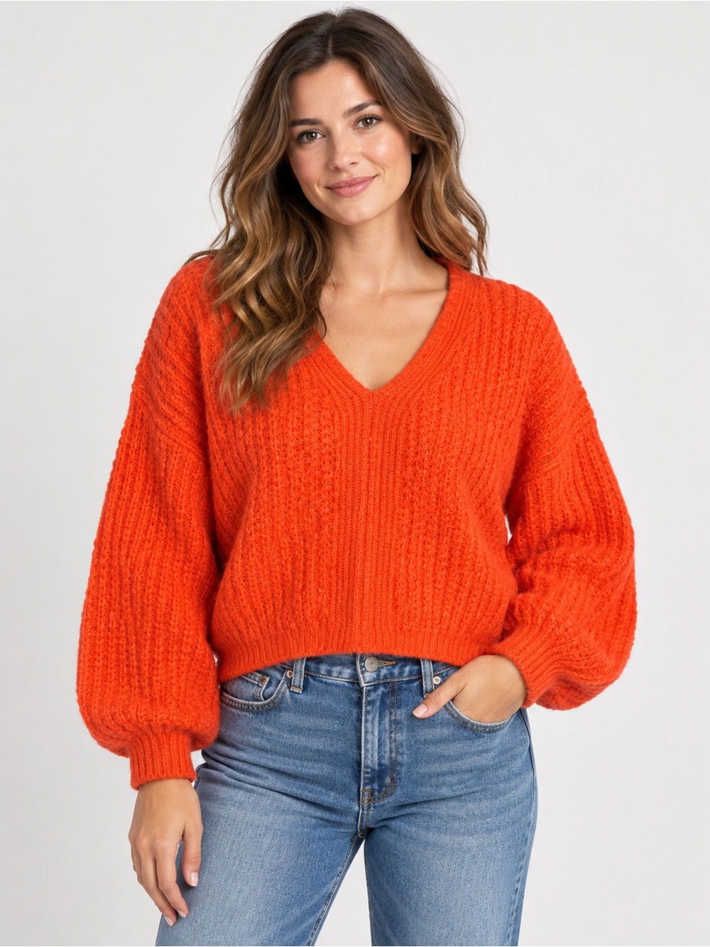 Orange Cropped V-Neck Chunky Knit Sweater Medium Oversized Balloon Sleeve